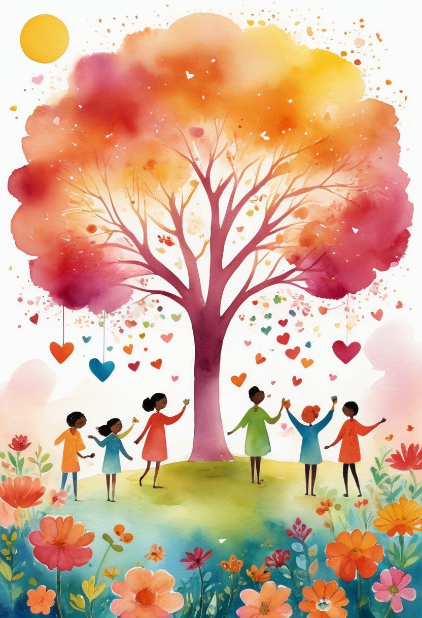 A vibrant scene depicting a diverse group of people engaging in joyful activities, surrounded by colorful flowers and positive symbols like smiles and hearts. Incorporate elements that represent growth and positivity, such as sunshine or a blooming tree, exuding an ecstatic brand identity. The background should be light and uplifting, with a dreamy, ethereal quality to enhance the feeling of positivity. watercolor illustration. bright colors. soft focus.
