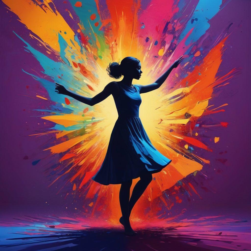 A colorful abstract representation of a person joyfully breaking free from a shadowy silhouette, surrounded by vibrant shapes and patterns symbolizing individuality and growth. The background should have a mix of warm and cool colors, depicting the harmony of authenticity. Incorporate symbols of creativity like paint splashes, musical notes, and natural elements. super-realistic. vibrant colors. 3D.