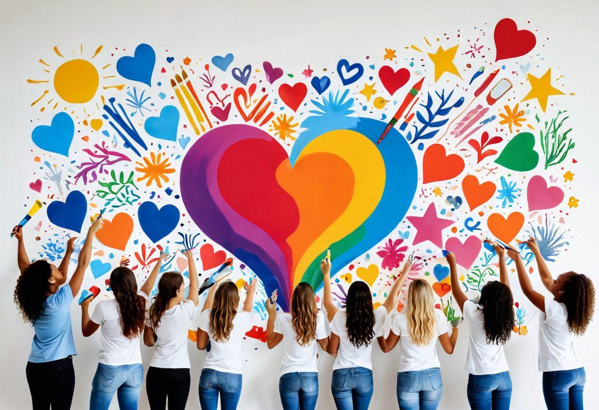 A vivid and joyful scene showcasing a diverse group of people collaboratively painting a large mural symbolizing personal branding, featuring bright colors and inspiring symbols like hearts and stars. Include elements of creativity like paintbrushes and palettes, with an uplifting atmosphere and harmonious expressions on their faces. super-realistic. vibrant colors. white background.
